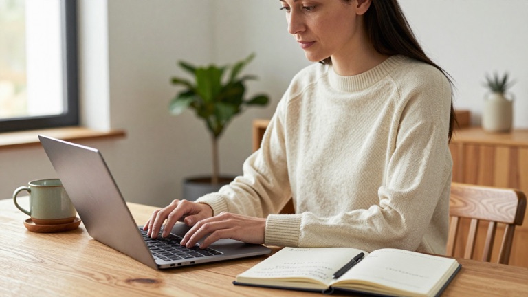 Frau am Laptop beim Lernen für das Abitur in Duisburg